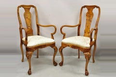 Vintage Queen Anne Style Italian Burl Wood Marquetry Inlay Arm Chairs - a Pair