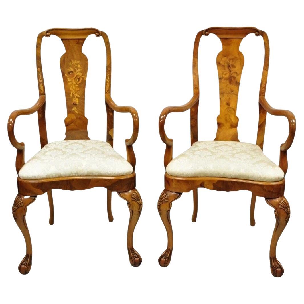 Vintage Queen Anne Style Italian Burl Wood Marquetry Inlay Arm Chairs - a Pair