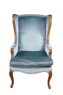 Vintage Queen Anne Style Library Wing Back Chair Light Blue Velvet Fabric