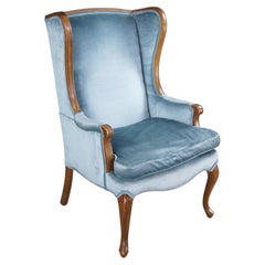 Vintage Queen Anne Style Library Wing Back Chair Light Blue Velvet Fabric