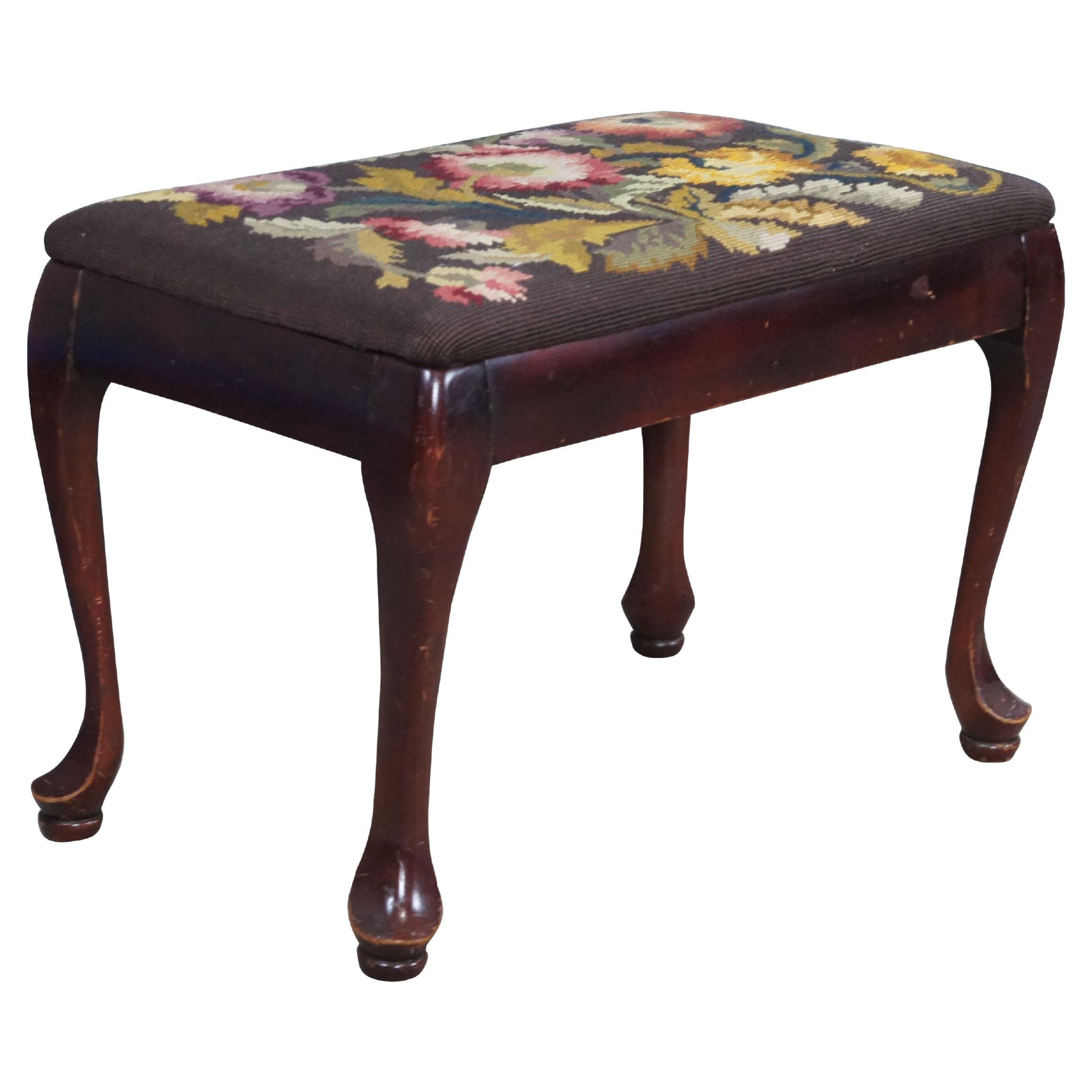 Vintage Estilo Queen Anne Caoba Punto de Aguja Taburete Reposapiés Banco Otomana 21"