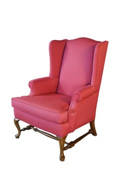 Vintage Queen Anne Style Red Mahogany Wingback Club Library Accent Arm Chair