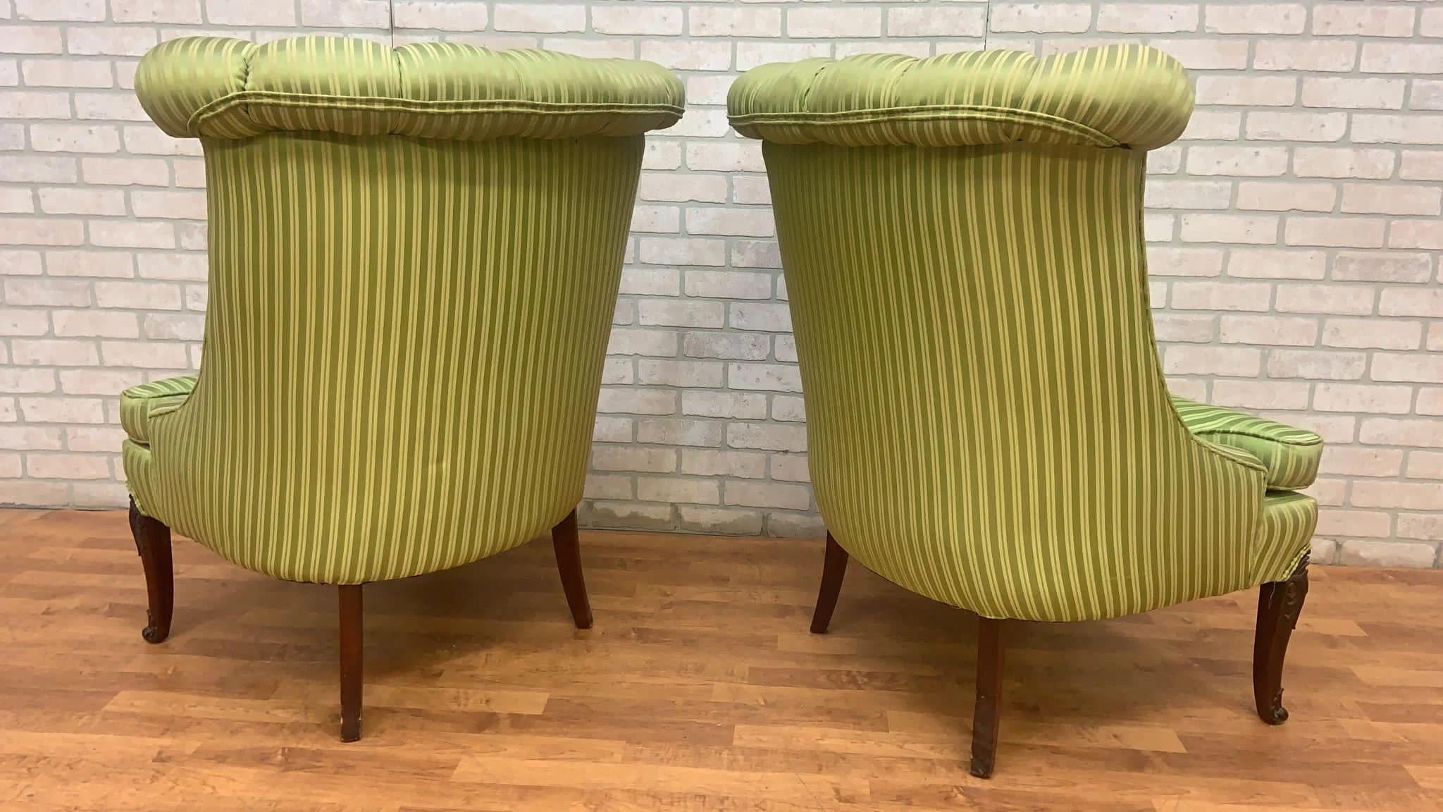 British Vintage Queen Anne Style Rolled Back Tufted Wingback Chairs - Pair For Sale
