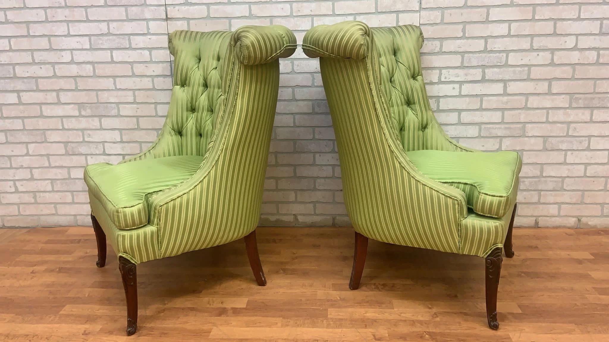 Upholstery Vintage Queen Anne Style Rolled Back Tufted Wingback Chairs - Pair For Sale
