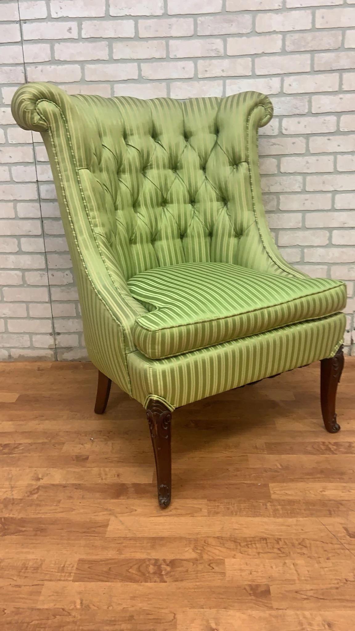 Vintage Queen Anne Style Rolled Back Tufted Wingback Chairs - Pair For Sale 1