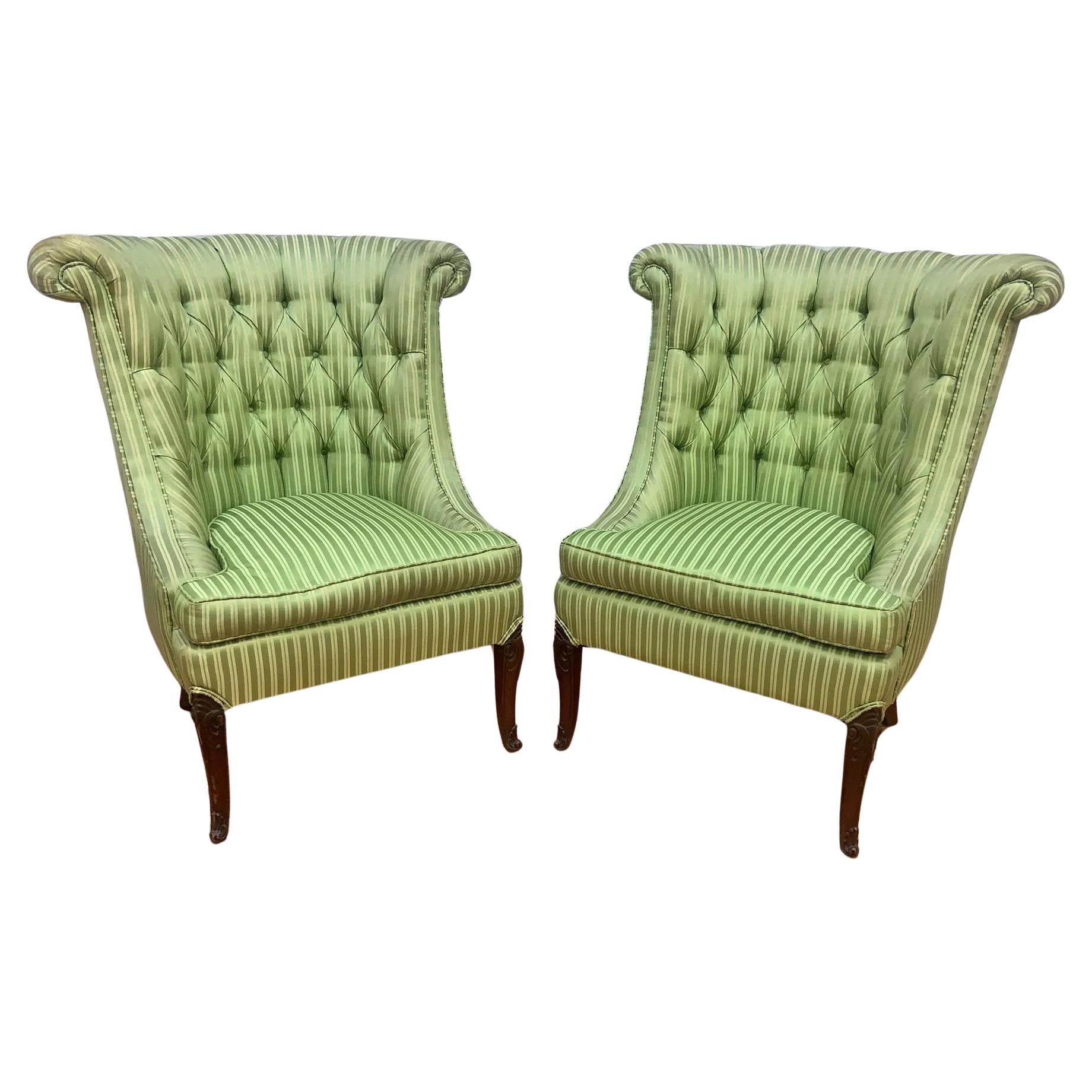 Vintage Queen Anne Style Rolled Back Tufted Wingback Chairs - Pair For Sale