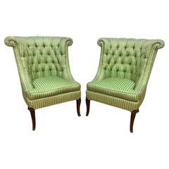 Retro Queen Anne Style Rolled Back Tufted Wingback Chairs - Pair