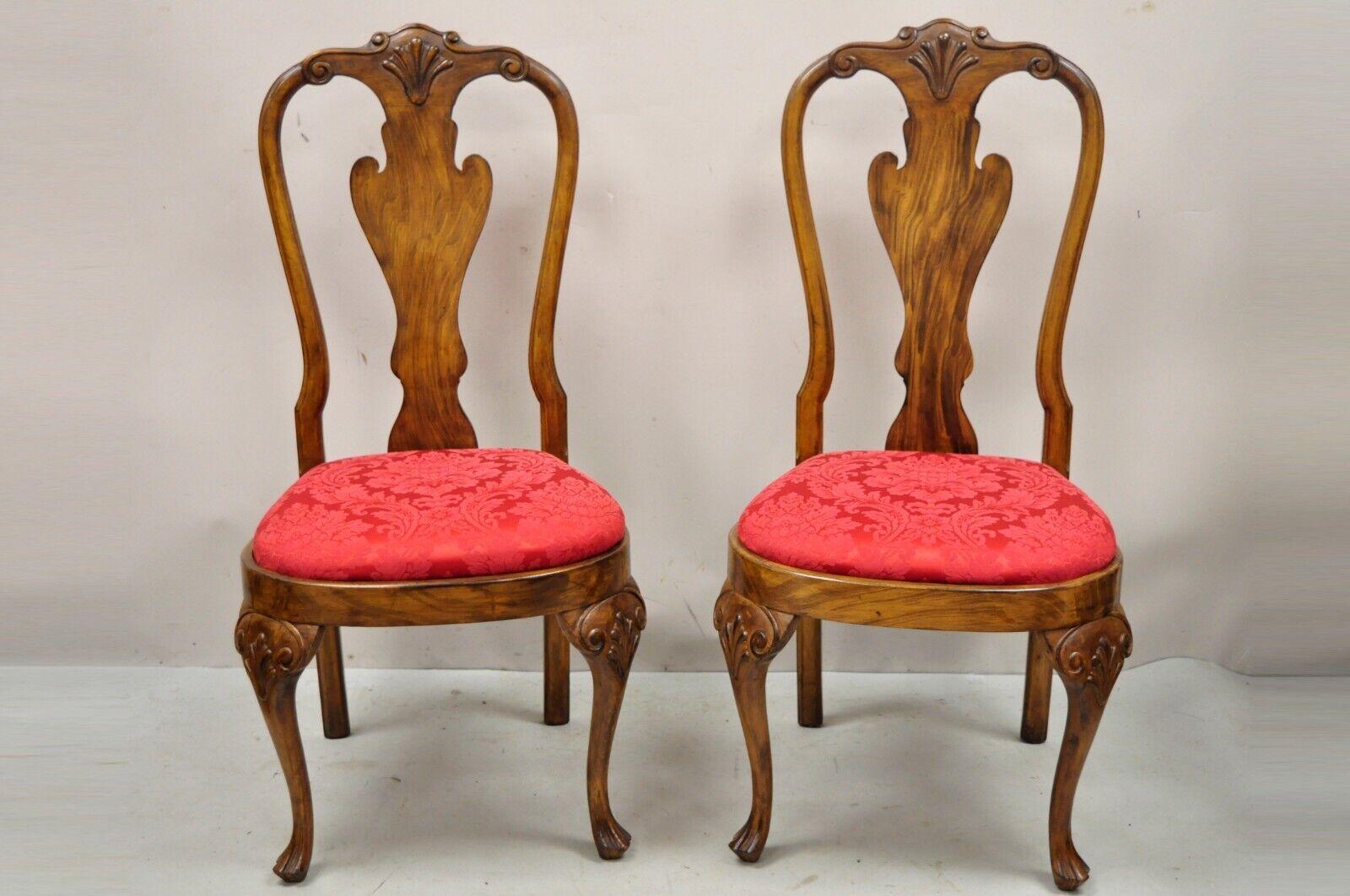 Vintage Queen Anne Style Shell Carved Solid Wood Dining Chairs, Set of 8 For Sale 3