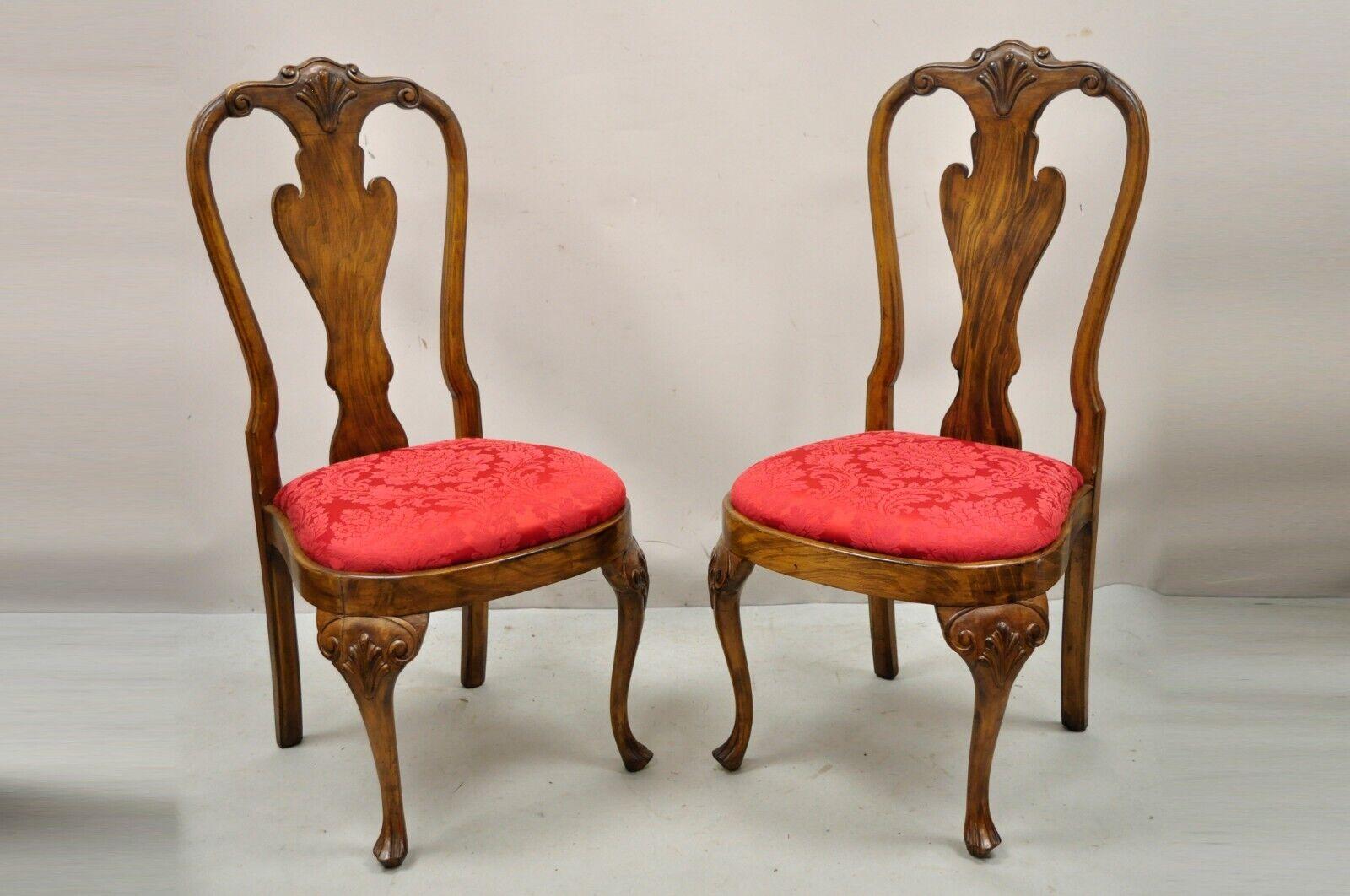 Vintage Queen Anne style shell carved solid wood dining chairs - set of 8. Item features (8) side chairs, carved knees, carved splat backs, red upholstered seats, shell carved accents, solid wood frames, distressed finish, very nice vintage set,