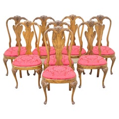 Vintage Queen Anne Style Shell Carved Solid Wood Dining Chairs, Set of 8