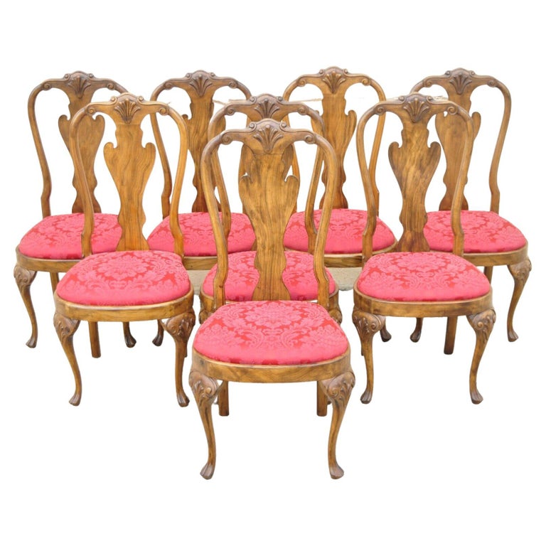 Vintage Queen Anne Style Shell Carved Solid Wood Dining Chairs, Set of