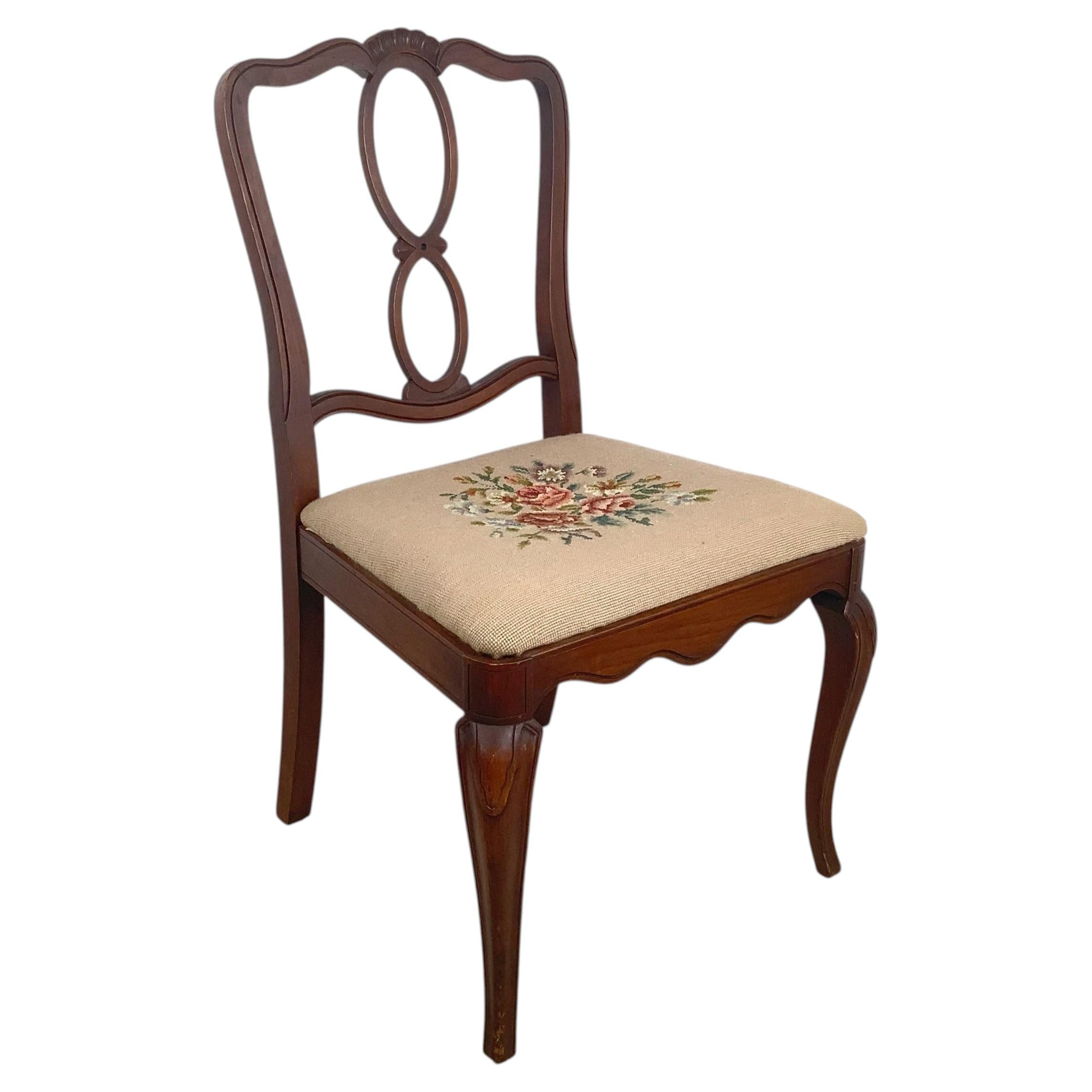 Vintage Queen Anne Style Cherry Wood Side Chair with Floral Upholstery For Sale