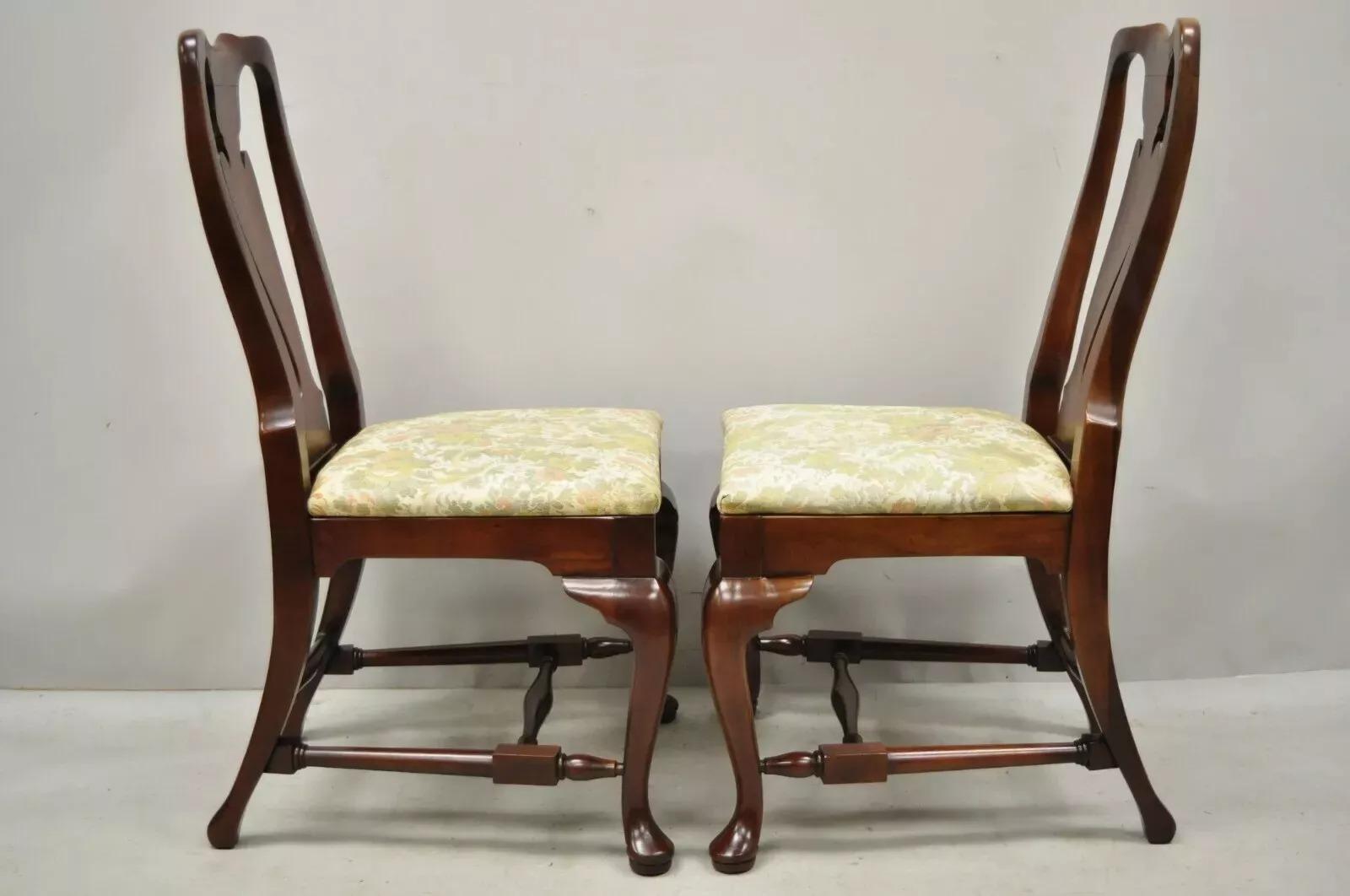 Vintage Queen Anne Style Stretcher Base Cherry Wood Dining Side Chairs - a Pair For Sale 5
