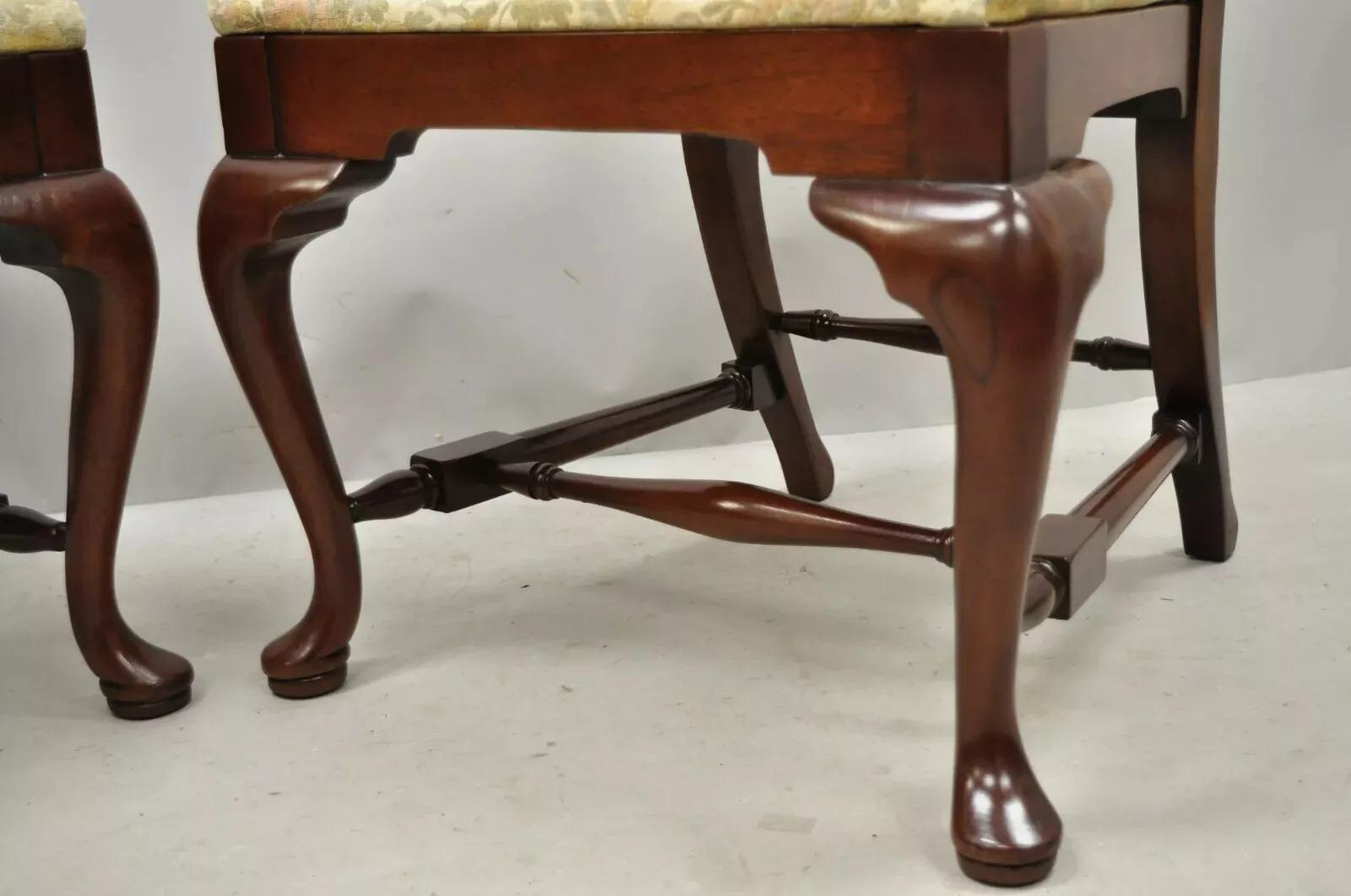 Vintage Queen Anne Style Stretcher Base Cherry Wood Dining Side Chairs - a Pair For Sale 1