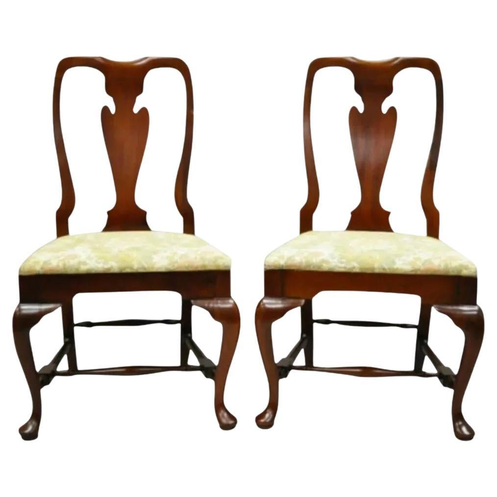 Vintage Queen Anne Style Stretcher Base Cherry Wood Dining Side Chairs - a Pair