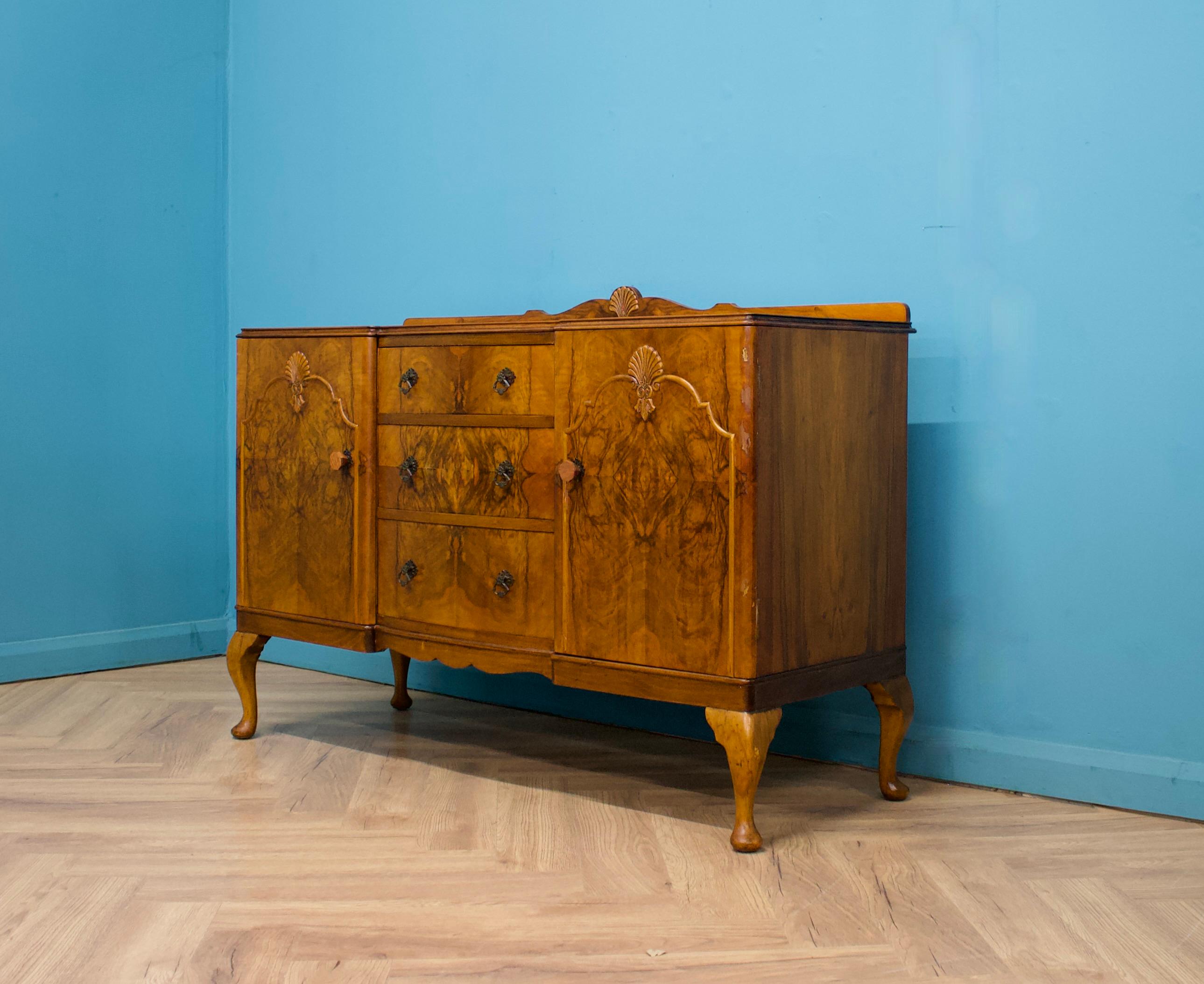 British Vintage Queen Anne Style Walnut Sideboard, 1920s For Sale