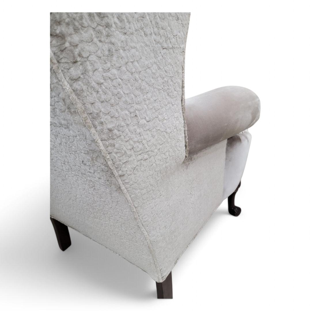Vintage Queen Anne Style Wingback Lounge Chairs in Velvet & Chenille and Leather For Sale 5