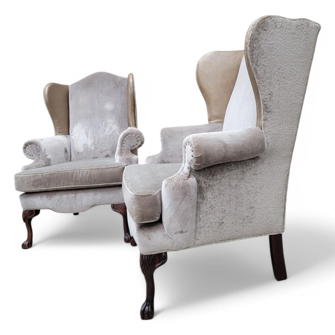Vintage Queen Anne Style Wingback Lounge Chairs in Velvet & Chenille and Leather For Sale 6