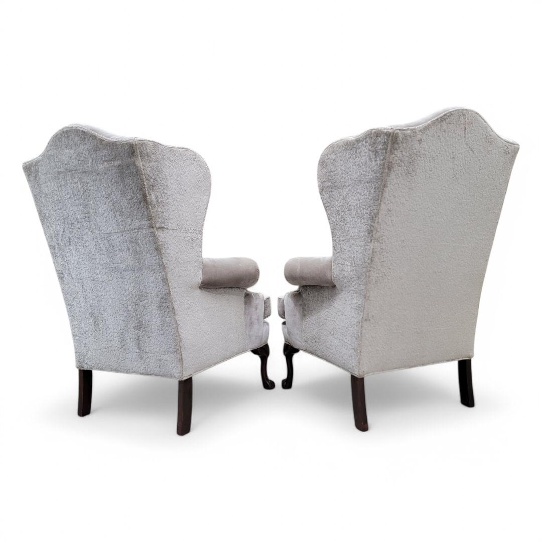 Vintage Queen Anne Style Wingback Lounge Chairs in Velvet & Chenille and Leather For Sale 7