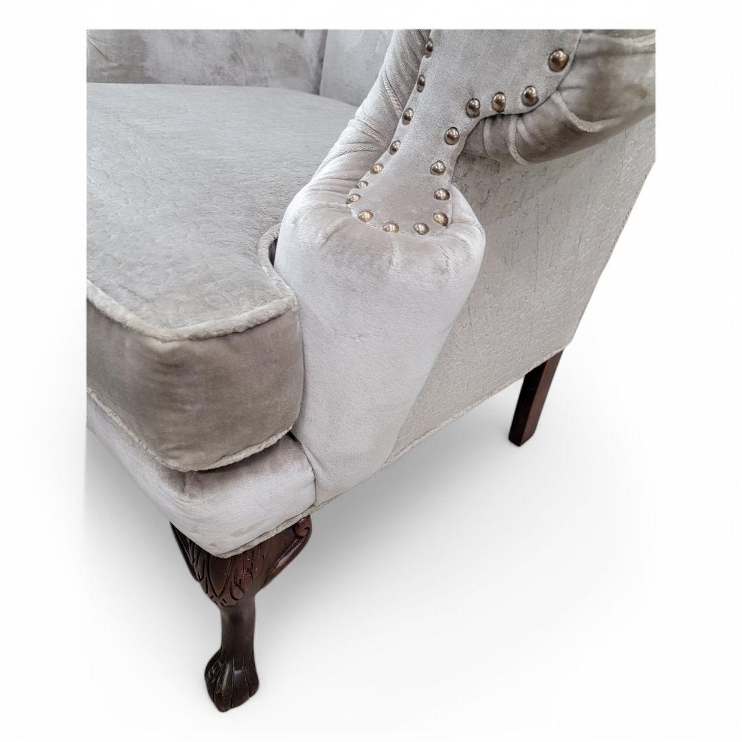 American Vintage Queen Anne Style Wingback Lounge Chairs in Velvet & Chenille and Leather For Sale