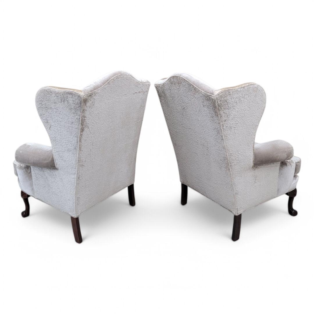 Vintage Queen Anne Style Wingback Lounge Chairs in Velvet & Chenille and Leather In Good Condition For Sale In Chicago, IL
