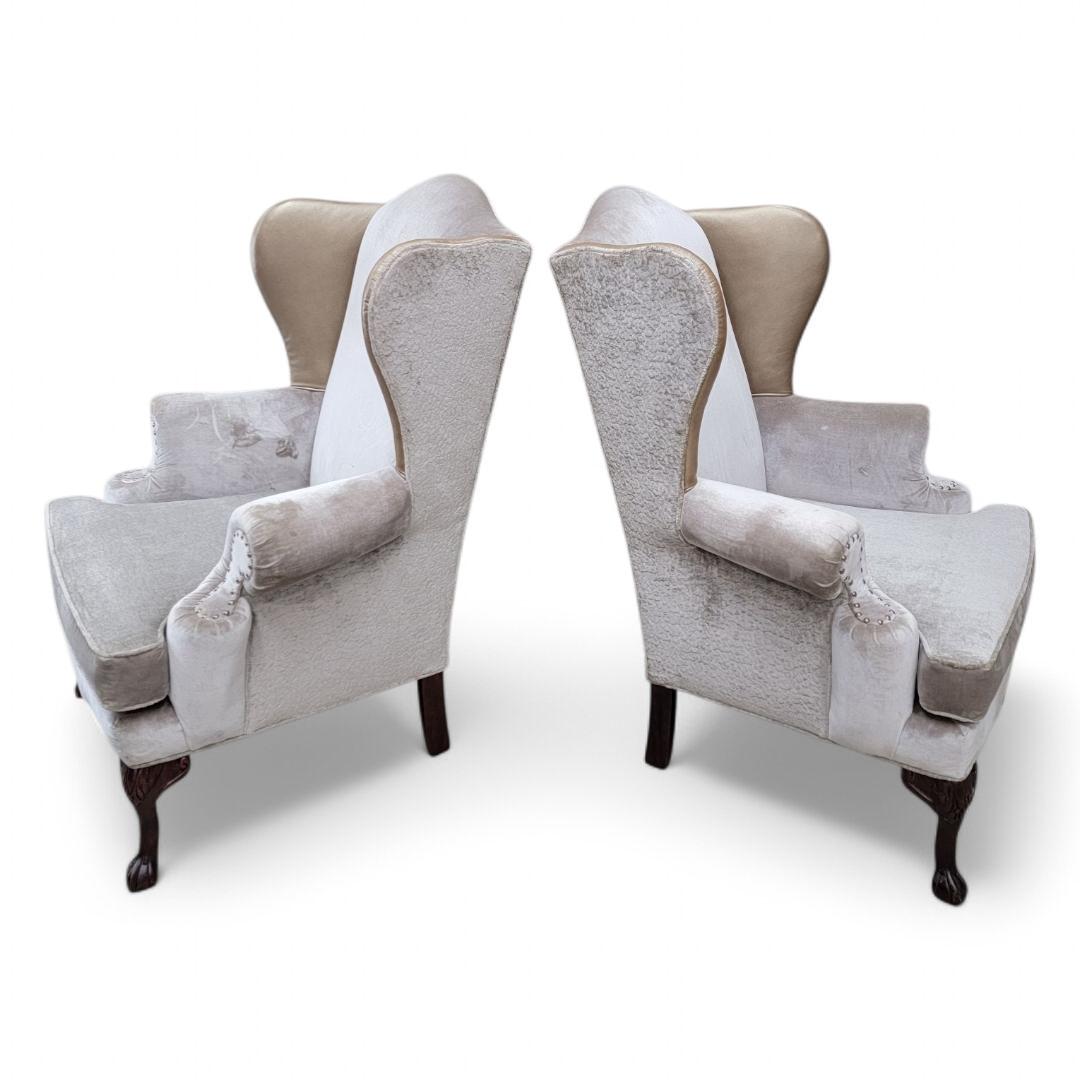 20th Century Vintage Queen Anne Style Wingback Lounge Chairs in Velvet & Chenille and Leather For Sale