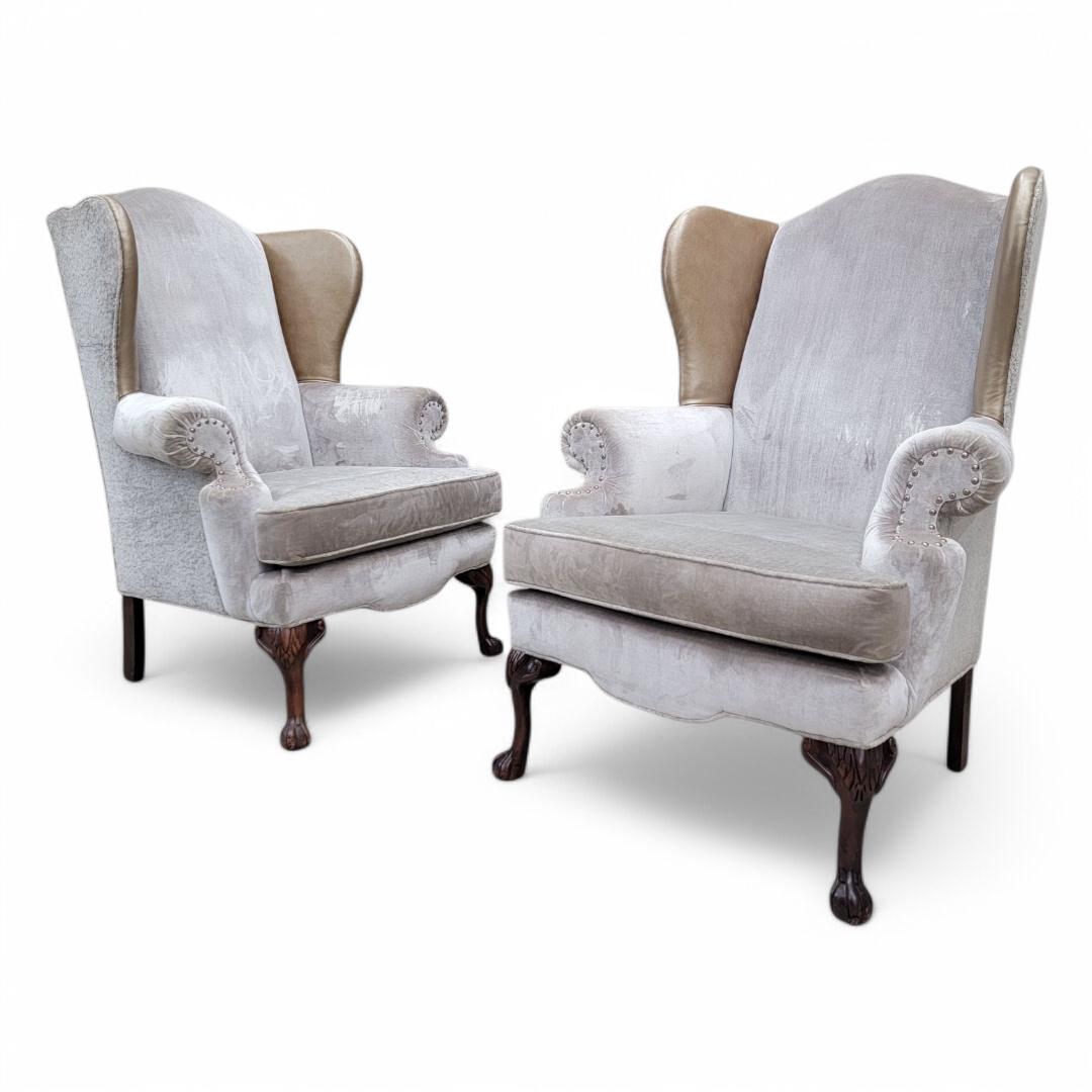 Vintage Queen Anne Style Wingback Lounge Chairs in Velvet & Chenille and Leather For Sale 1