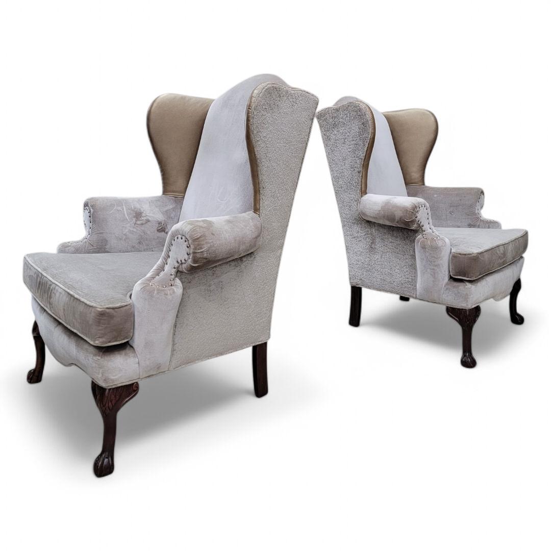 Vintage Queen Anne Style Wingback Lounge Chairs in Velvet & Chenille and Leather For Sale 2