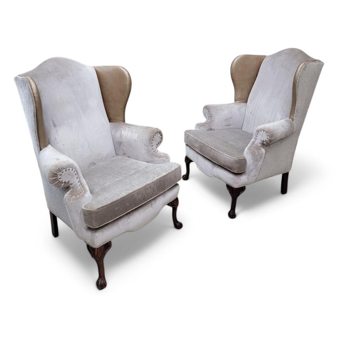Vintage Queen Anne Style Wingback Lounge Chairs in Velvet & Chenille and Leather For Sale 3