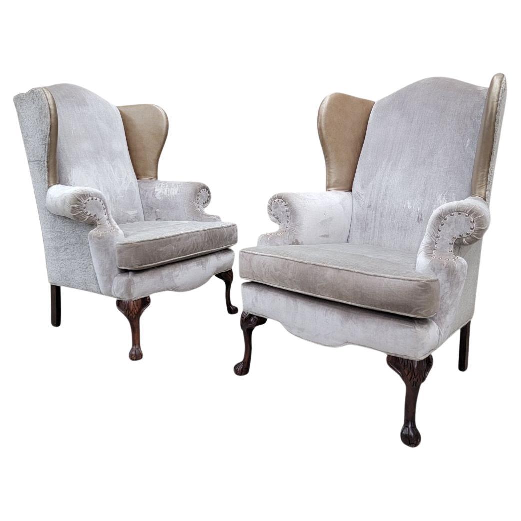 Vintage Queen Anne Style Wingback Lounge Chairs in Velvet & Chenille and Leather For Sale