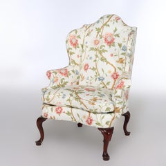Vintage Queen Anne Wing Back Chair with Floral Upholstery C1950