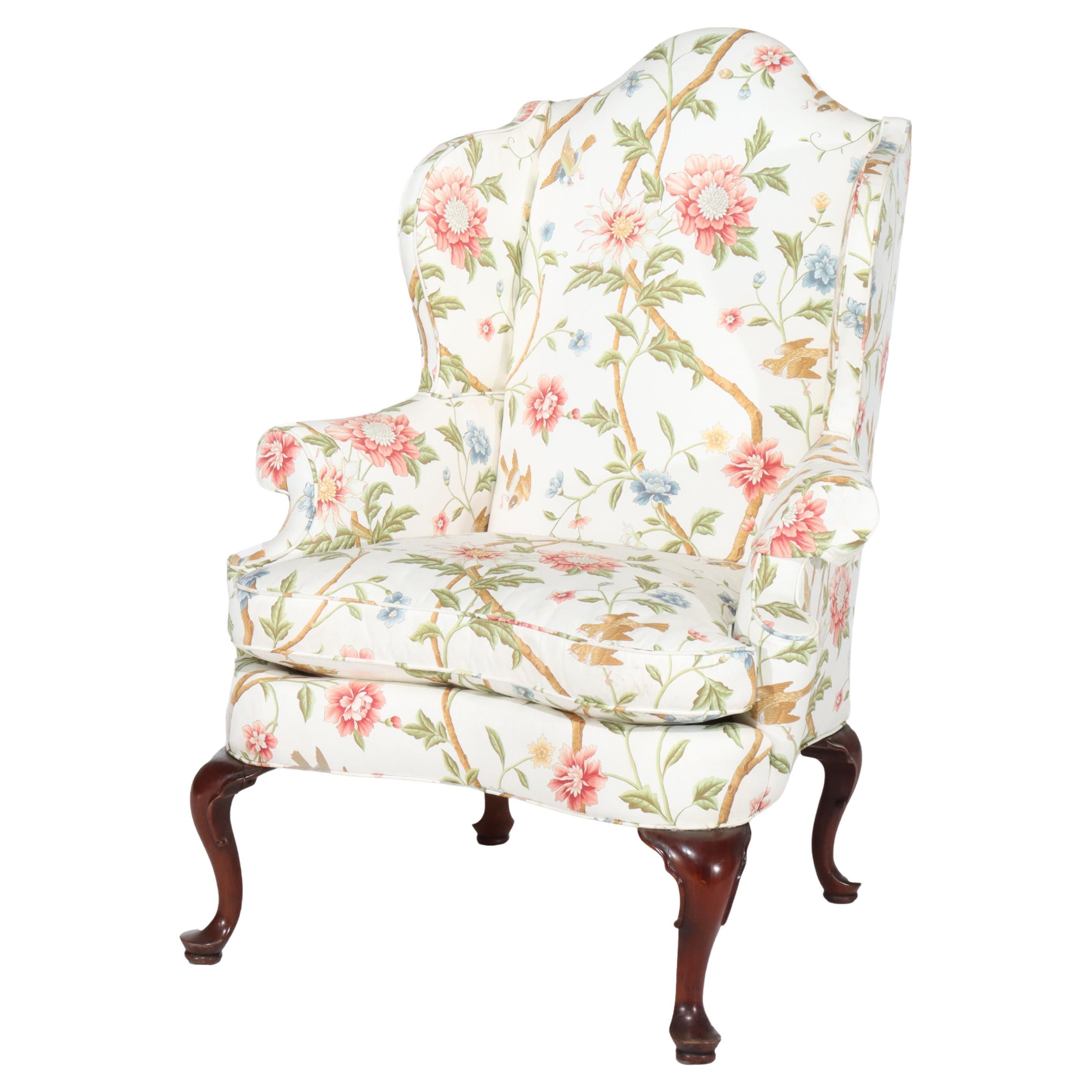 Vintage Queen Anne Wing Back Chair with Floral Upholstery C1950