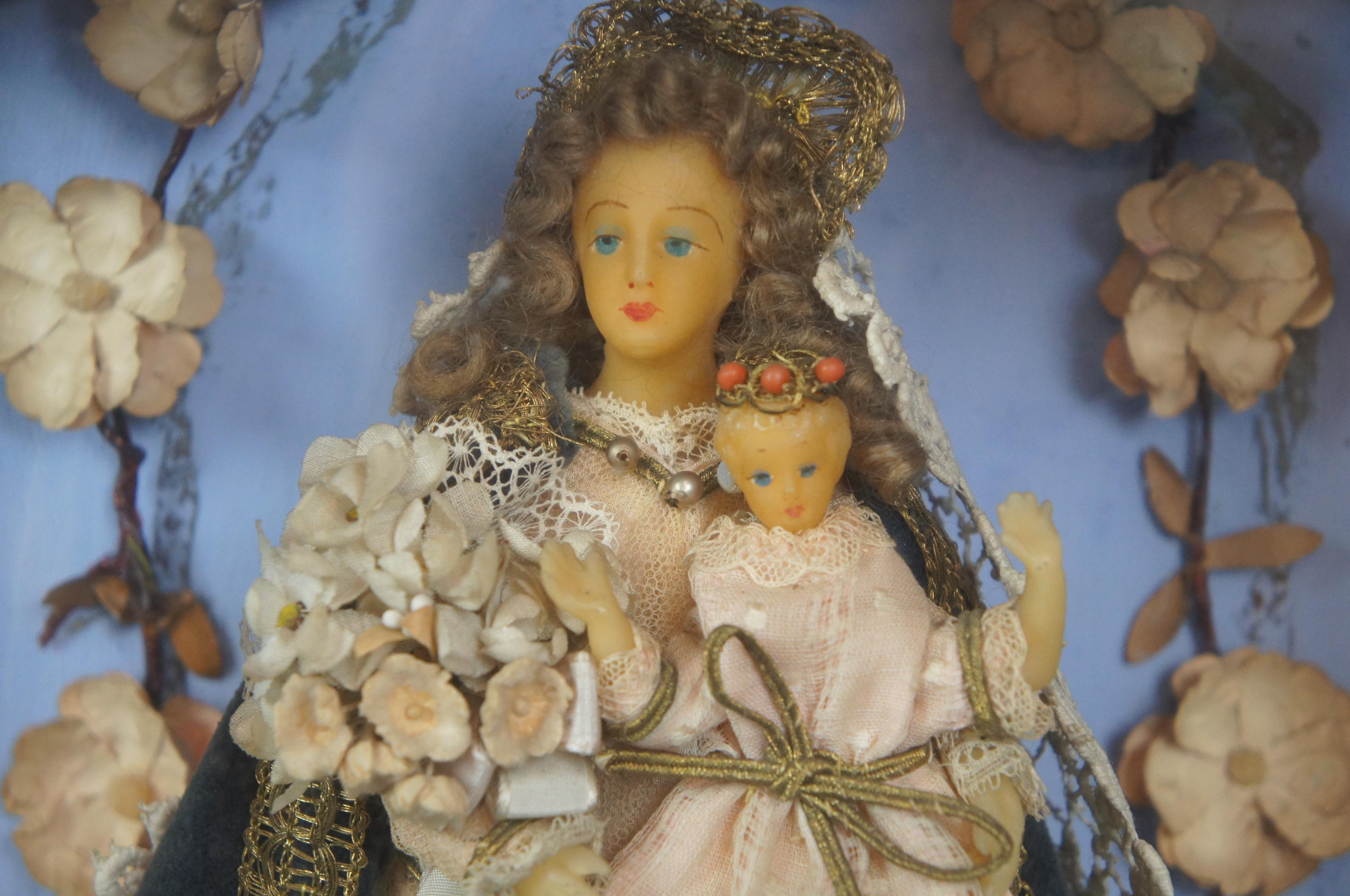 Vintage Queen of Heaven Madonna & Child Shrine Celluloid Doll Display Curio Case 5