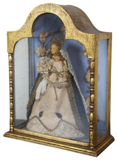 Vintage Queen of Heaven Madonna & Child Shrine Celluloid Doll Display Curio Case