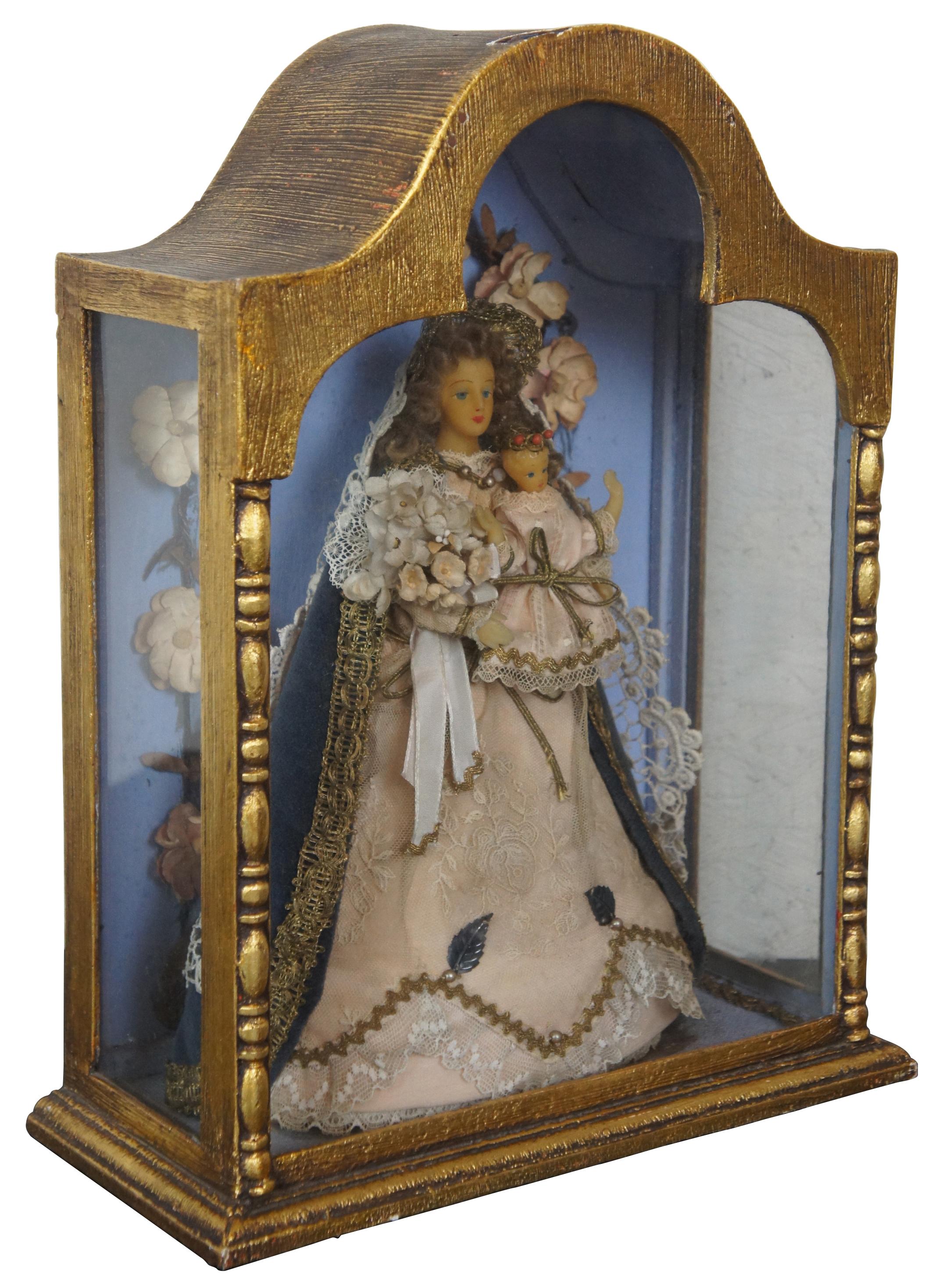 Folk Art Vintage Queen of Heaven Madonna & Child Shrine Celluloid Doll Display Curio Case