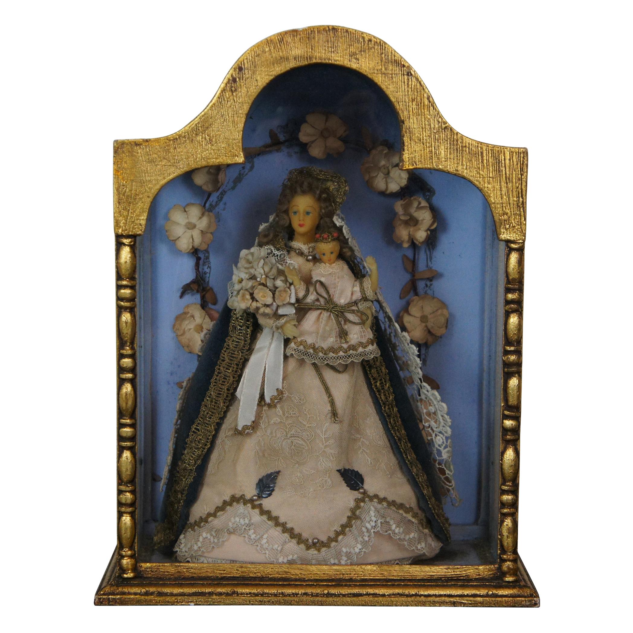 Vintage Queen of Heaven Madonna & Child Shrine Celluloid Doll Display Curio Case
