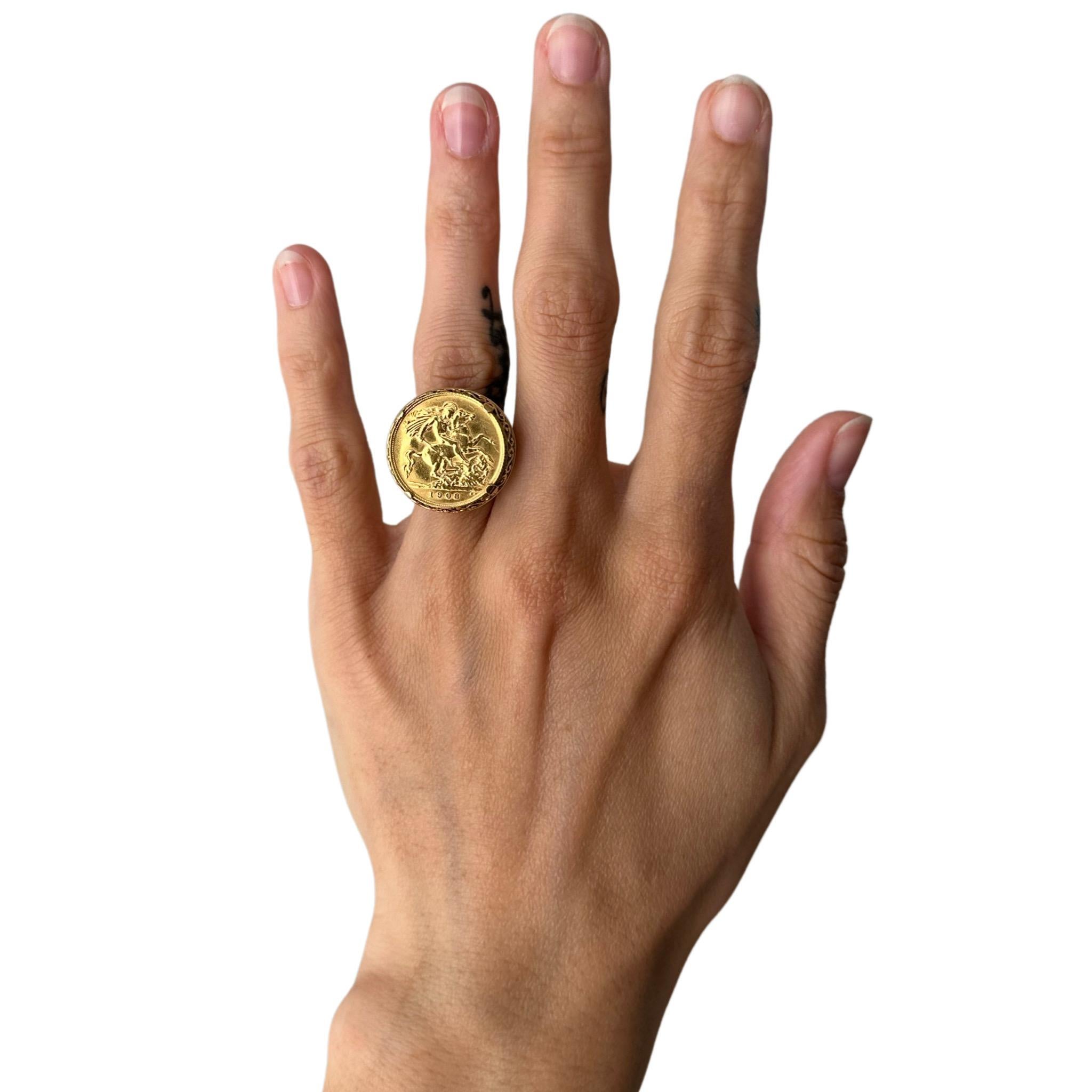 Vintage authentic one-of-a-kind Queen Victoria gold half sovereign (1908) ring, size 6 US. 8.92 grams of 14k (setting) and 18k (coin) yellow gold. Circa early 20th century. This antique ring is beautifully crafted and in excellent condition.
