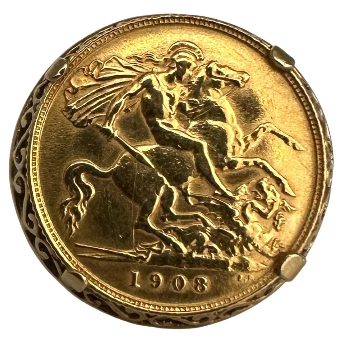 Vintage Queen Victoria 18k Gold Half Sovereign '1908' Ring For Sale