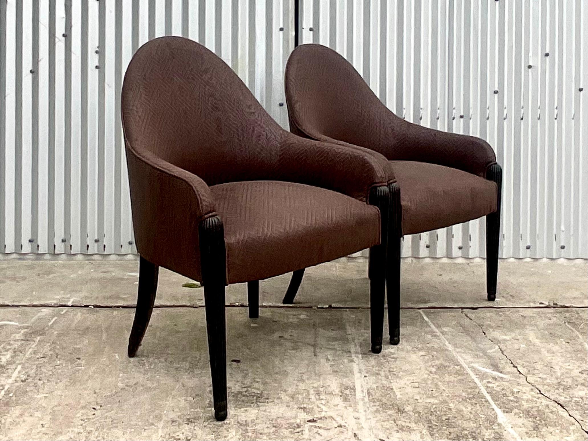 Fantastic pair of vintage quilted brown side chairs. A beautiful sloped high back gives these chairs a distinctive Postmodern look. Done in the manner of the iconic Donghia. Acquired from a Palm Beach estate.