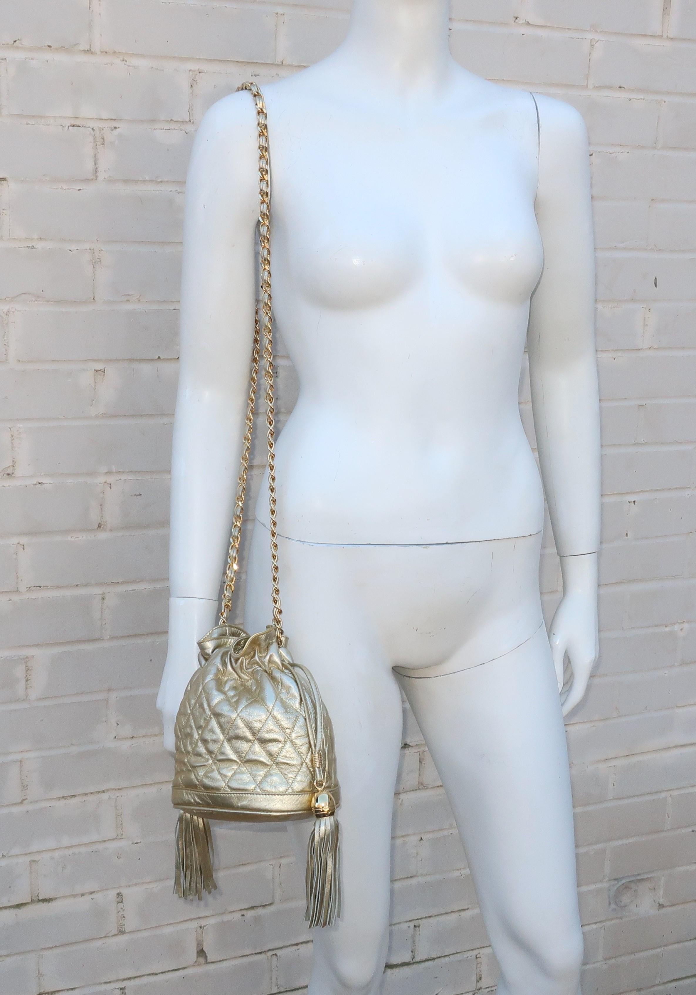 Vintage Quilted Gold Leather Hobo Handbag With Chain Handle 2