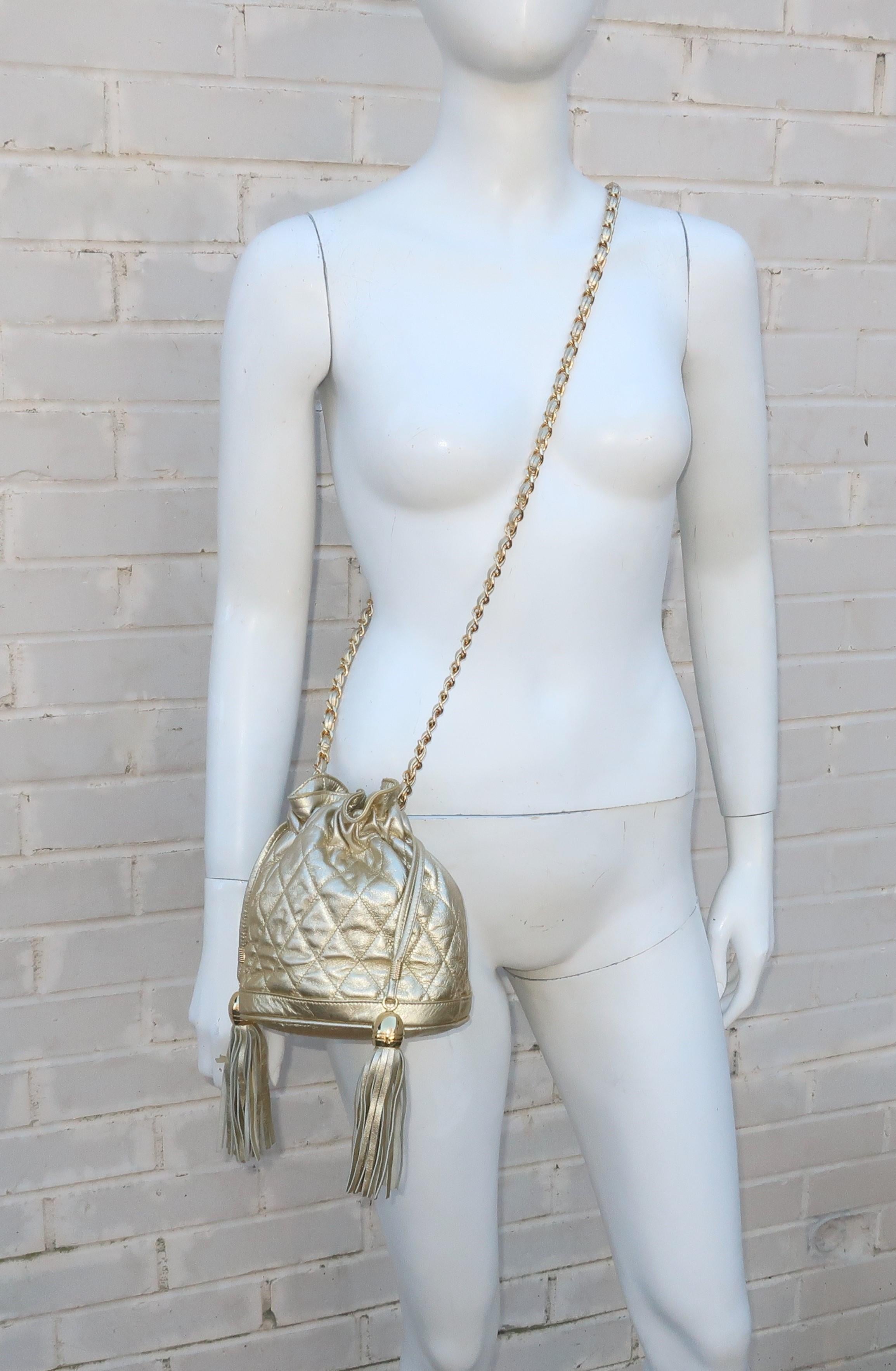 Vintage Quilted Gold Leather Hobo Handbag With Chain Handle 3