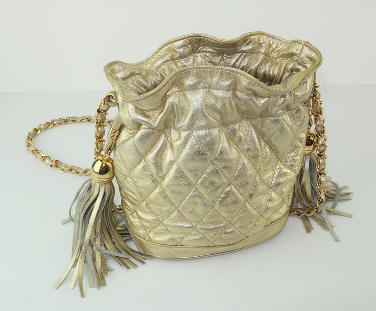 Vintage Quilted Gold Leather Hobo Handbag With Chain Handle at 1stDibs