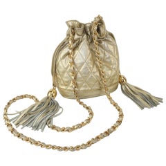 Vintage Quilted Gold Leather Hobo Handbag With Chain Handle