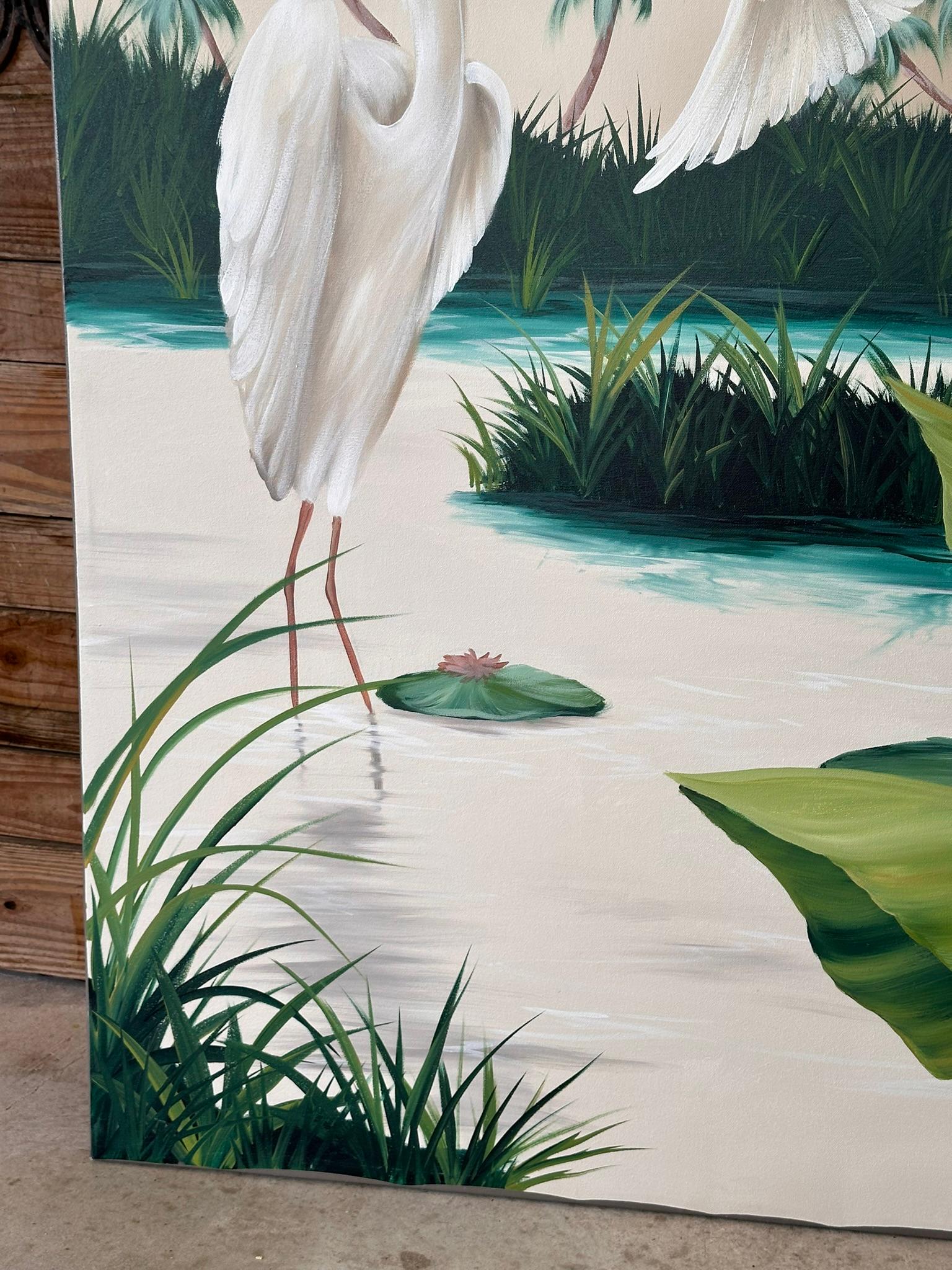 Dieses exquisite Vintage-Ölgemälde auf Leinwand von Walcutt fängt die heitere Essenz des alten Floridas wunderbar ein.
Das Kunstwerk zeigt drei elegante weiße Reiher in einer üppigen tropischen Umgebung und vermittelt ein Gefühl von Ruhe und