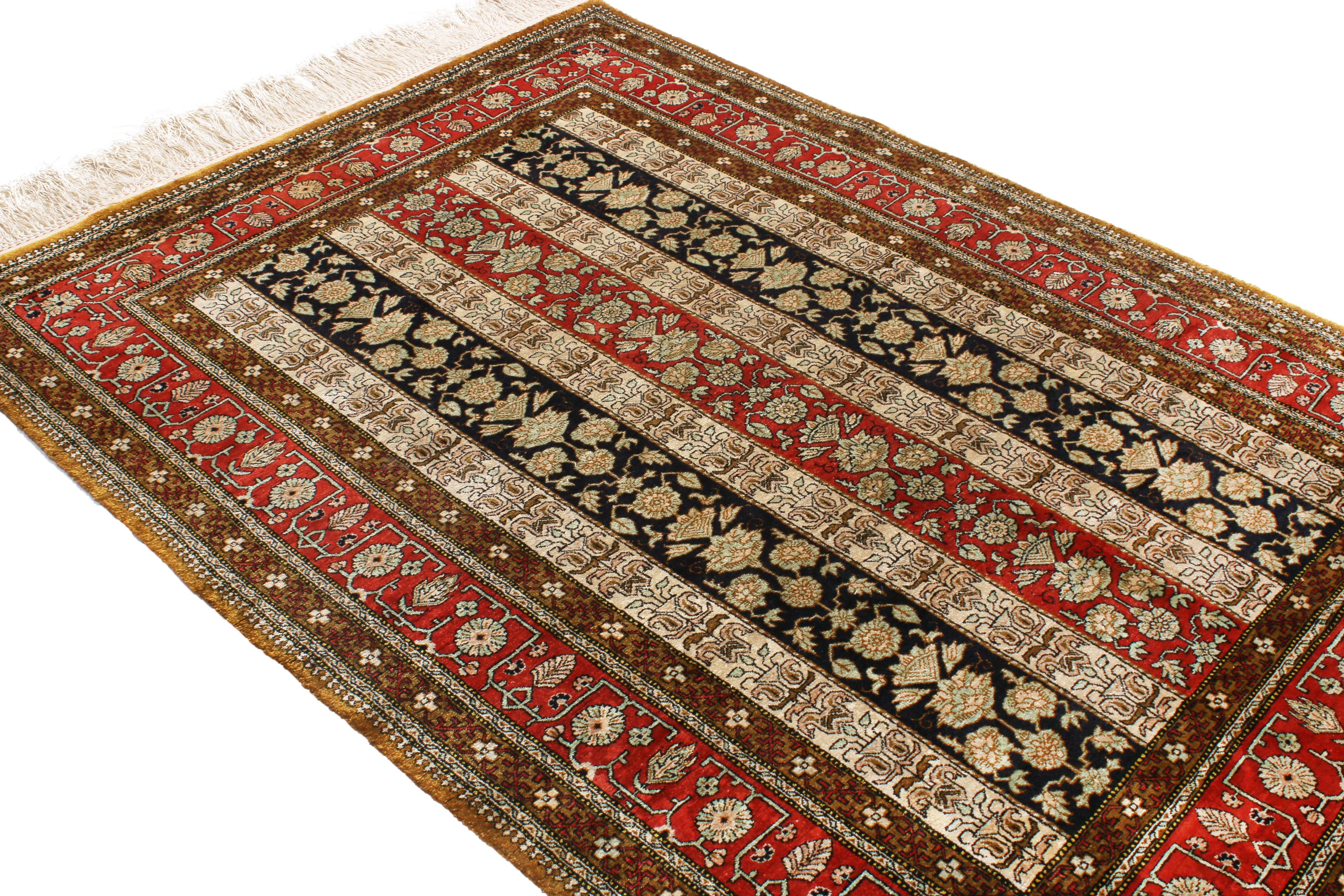 Hand-Knotted Vintage Qum Brown Beige and Red Silk Persian Rug by Rug & Kilim For Sale