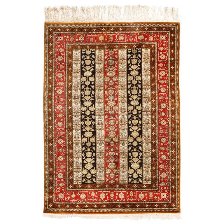 Vintage Qum Brown Beige and Red Silk Persian Rug by Rug and Kilim For Sale at 1stDibs