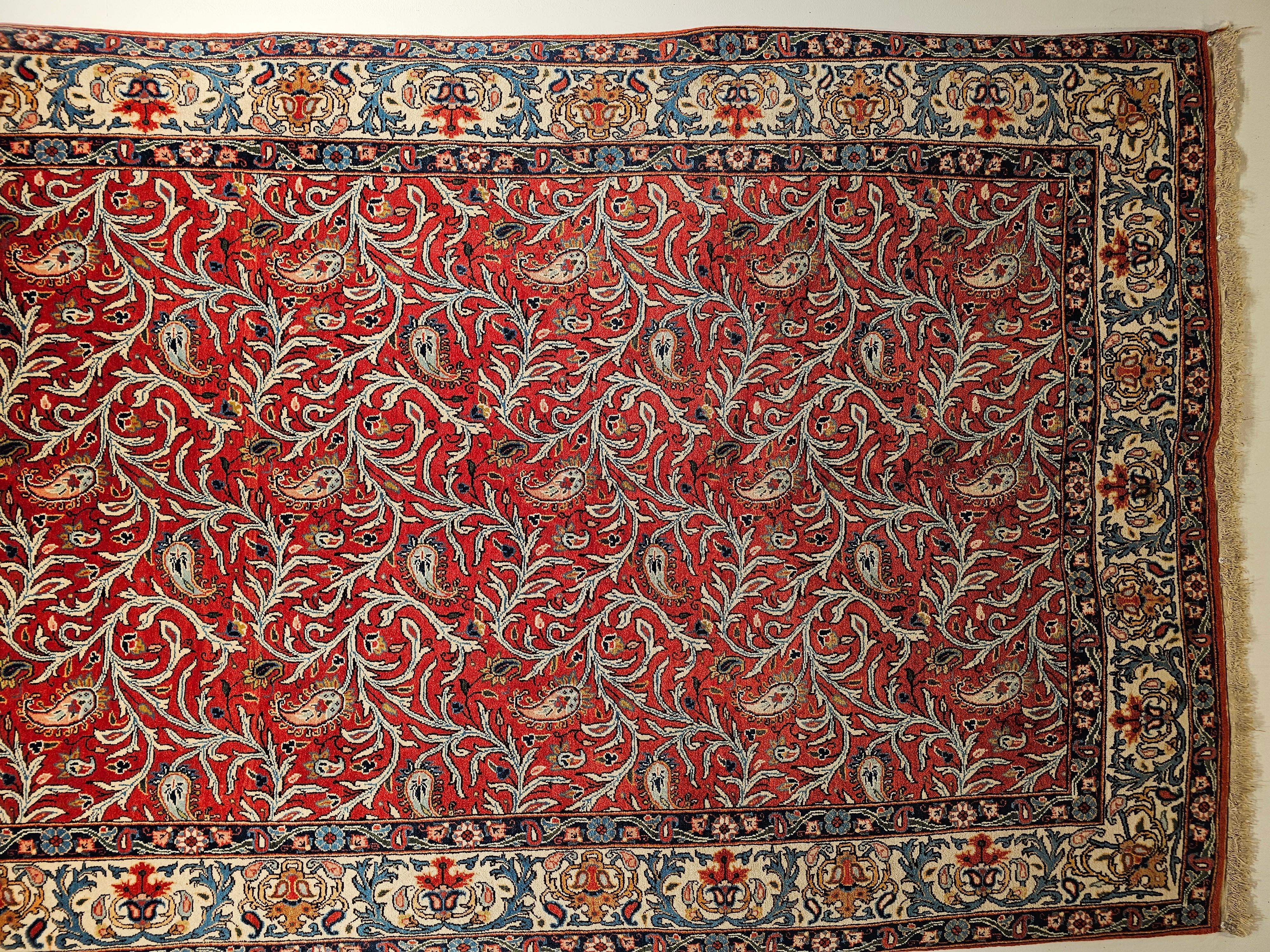 20th Century Vintage Persian Qum Rug in Allover Paisleys Pattern in Brick Red, Ivory, Blue For Sale