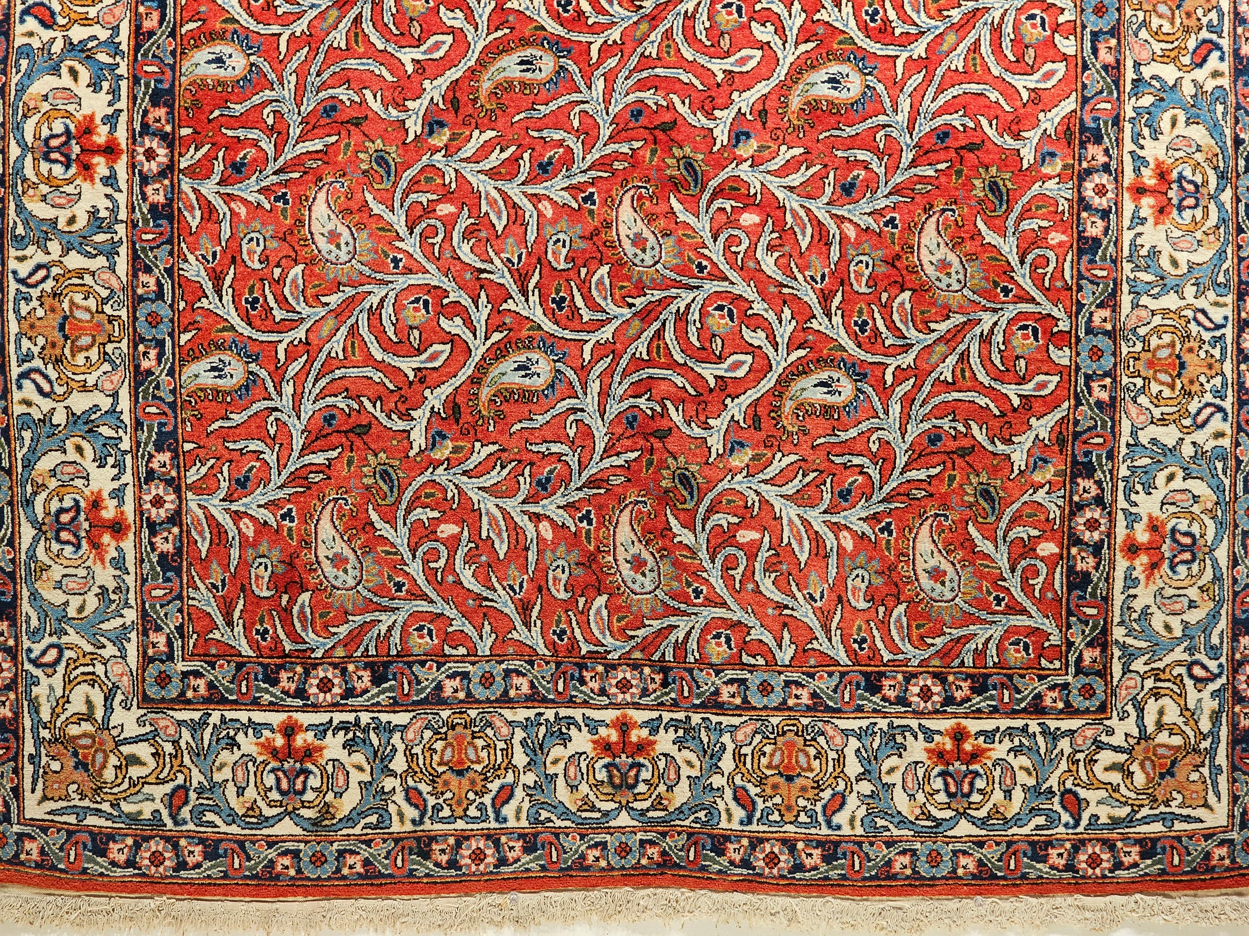 Wool Vintage Persian Qum Rug in Allover Paisleys Pattern in Brick Red, Ivory, Blue For Sale