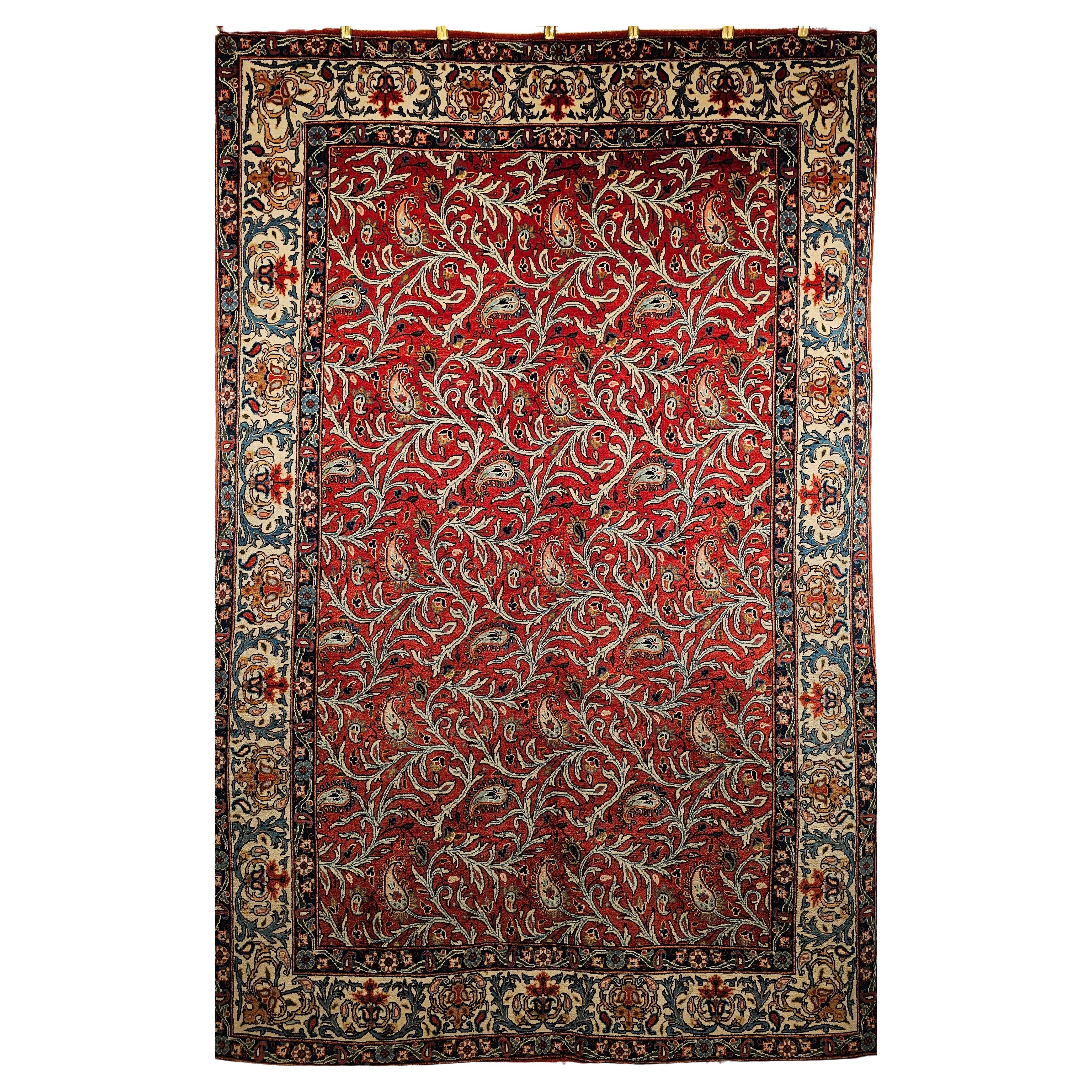 Vintage Persian Qum Rug in Allover Paisleys Pattern in Brick Red, Ivory, Blue