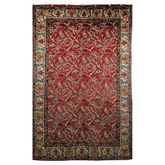 Vintage Persian Qum Rug in Allover Paisleys Pattern in Brick Red, Ivory, Blue
